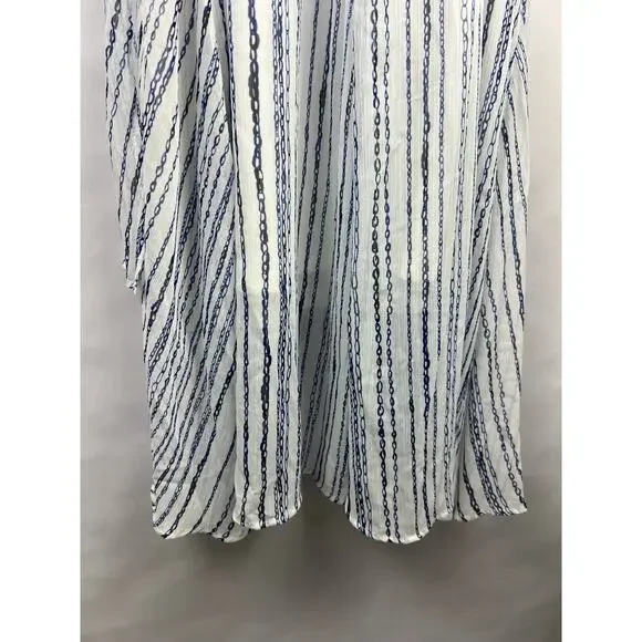 DKNY Wrap Dress, Blue White Chain Stripe, Sleeveless, Belted Asymmetrical Hem - Picture 11 of 13